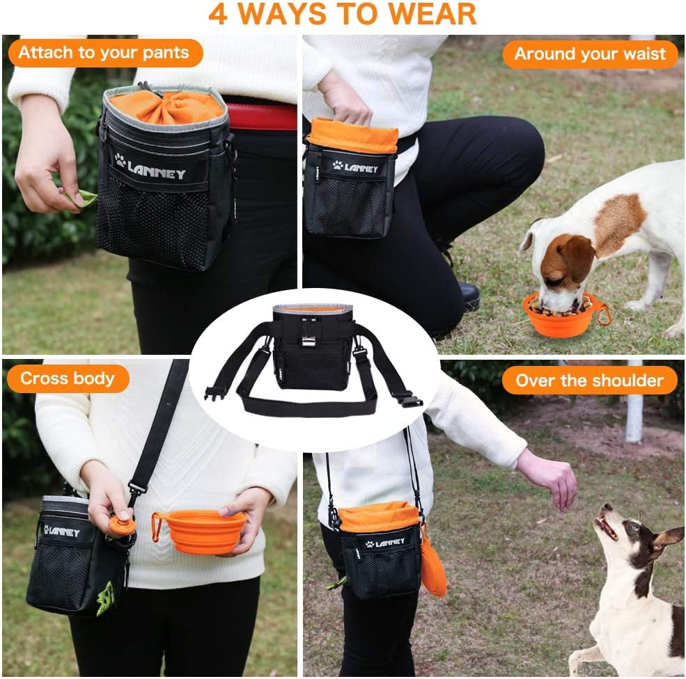 Dog Training Treat Pouch with Metal Clip, Waist Belt, and Shoulder Strap - Versatile Carrying Solution for Kibble, Snacks, Toys, and Poop Bags - Black and Orange