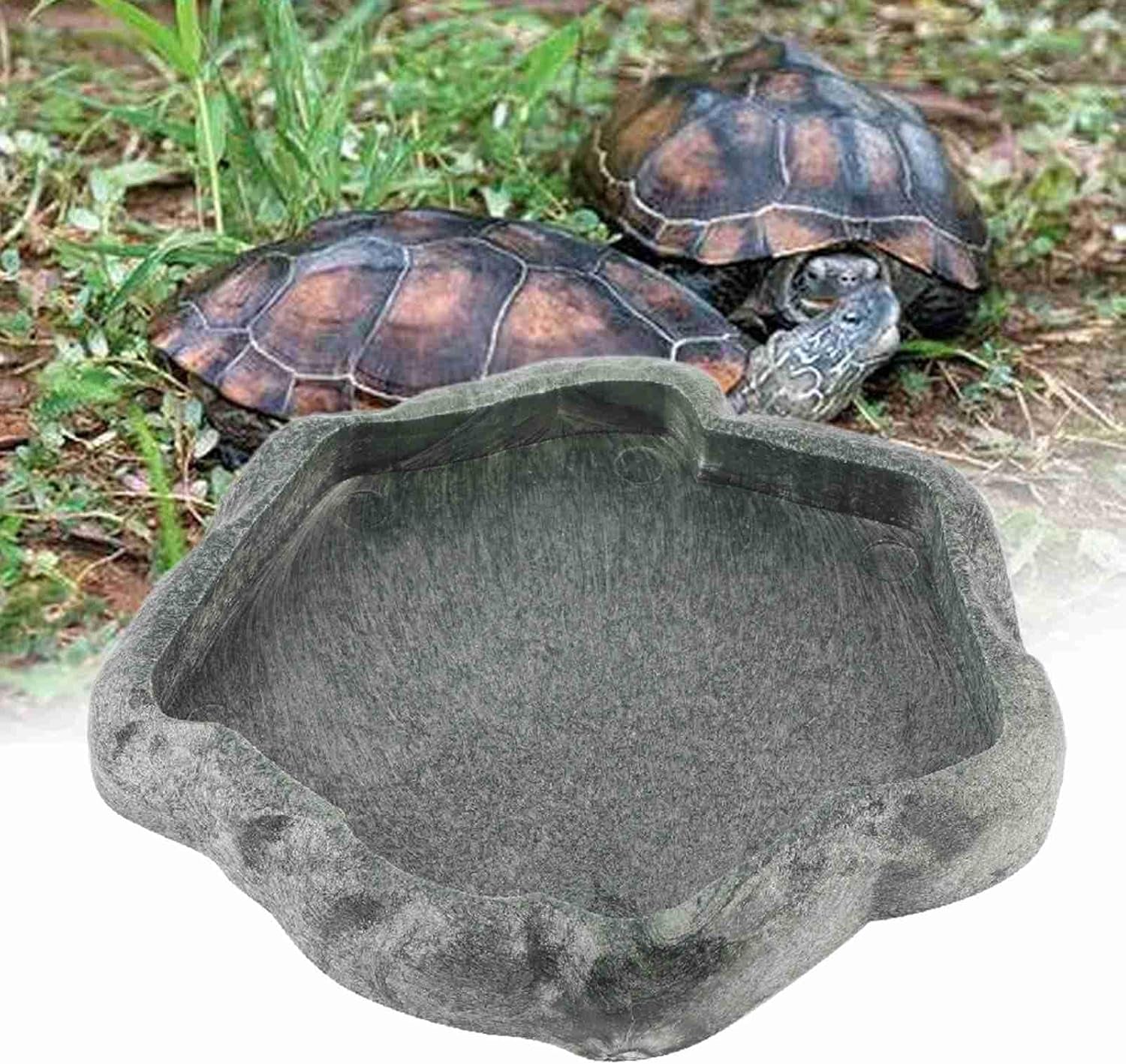 Reptile Bowl, Resin Rock Reptile Food and Water Feeder Pet Aquarium Ornament Terrarium Dish Plate for Tortoise Lizard Iguana(Dark Green S)