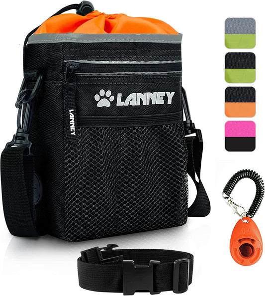 Dog Training Treat Pouch with Metal Clip, Waist Belt, and Shoulder Strap - Versatile Carrying Solution for Kibble, Snacks, Toys, and Poop Bags - Black and Orange