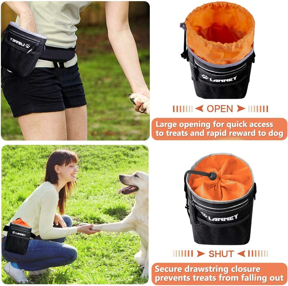 Dog Training Treat Pouch with Metal Clip, Waist Belt, and Shoulder Strap - Versatile Carrying Solution for Kibble, Snacks, Toys, and Poop Bags - Black and Orange