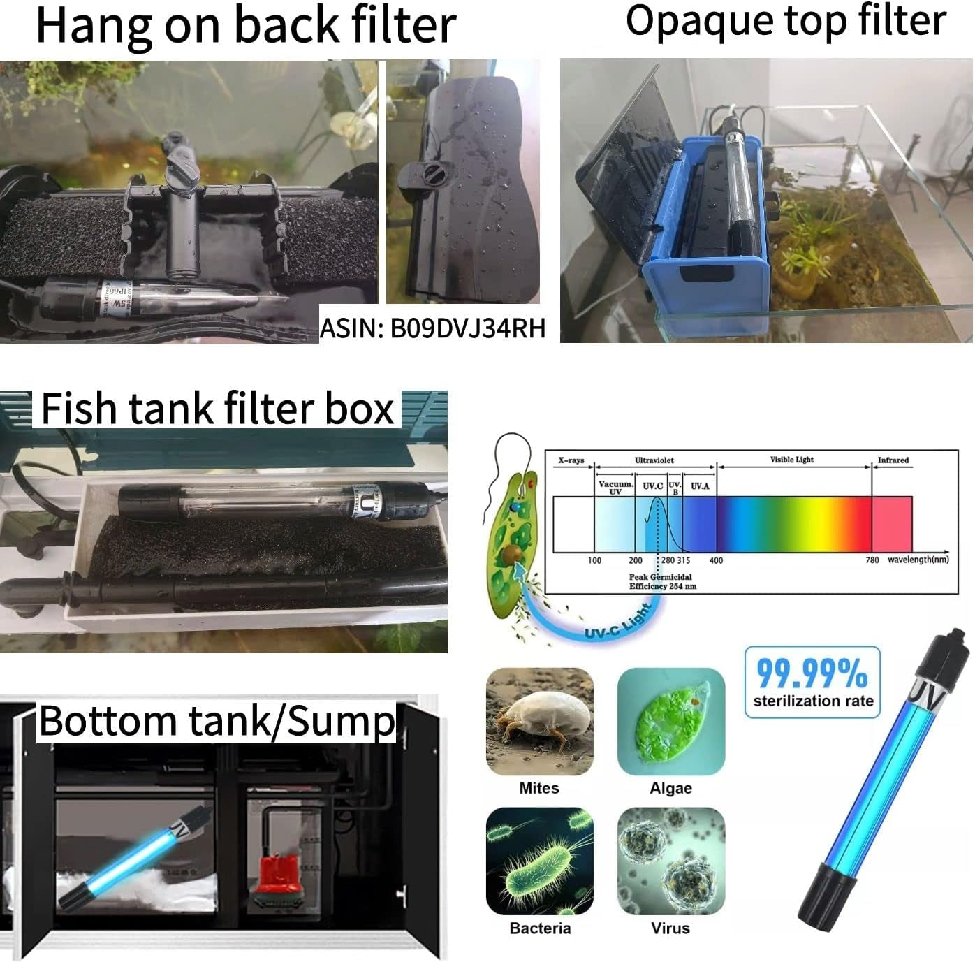 Aquarium Light Water Clean Clear Lamp Green Clean Machine 20-100 Gallon Fish Tank Submersible for Cloudy Water, Pond, Filter Pump Etc (5W 6.69Inch 254Nm)