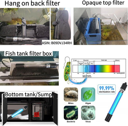 Aquarium Light Water Clean Clear Lamp Green Clean Machine 20-100 Gallon Fish Tank Submersible for Cloudy Water, Pond, Filter Pump Etc (5W 6.69Inch 254Nm)