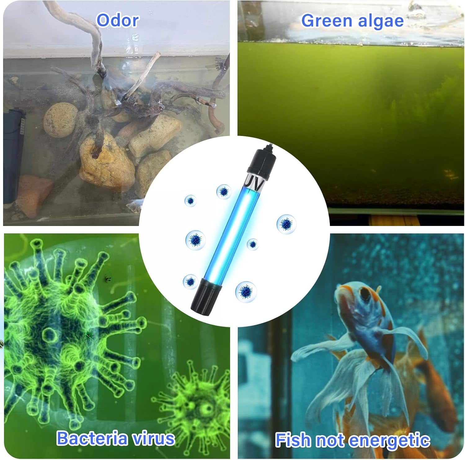 Aquarium Light Water Clean Clear Lamp Green Clean Machine 20-100 Gallon Fish Tank Submersible for Cloudy Water, Pond, Filter Pump Etc (5W 6.69Inch 254Nm)