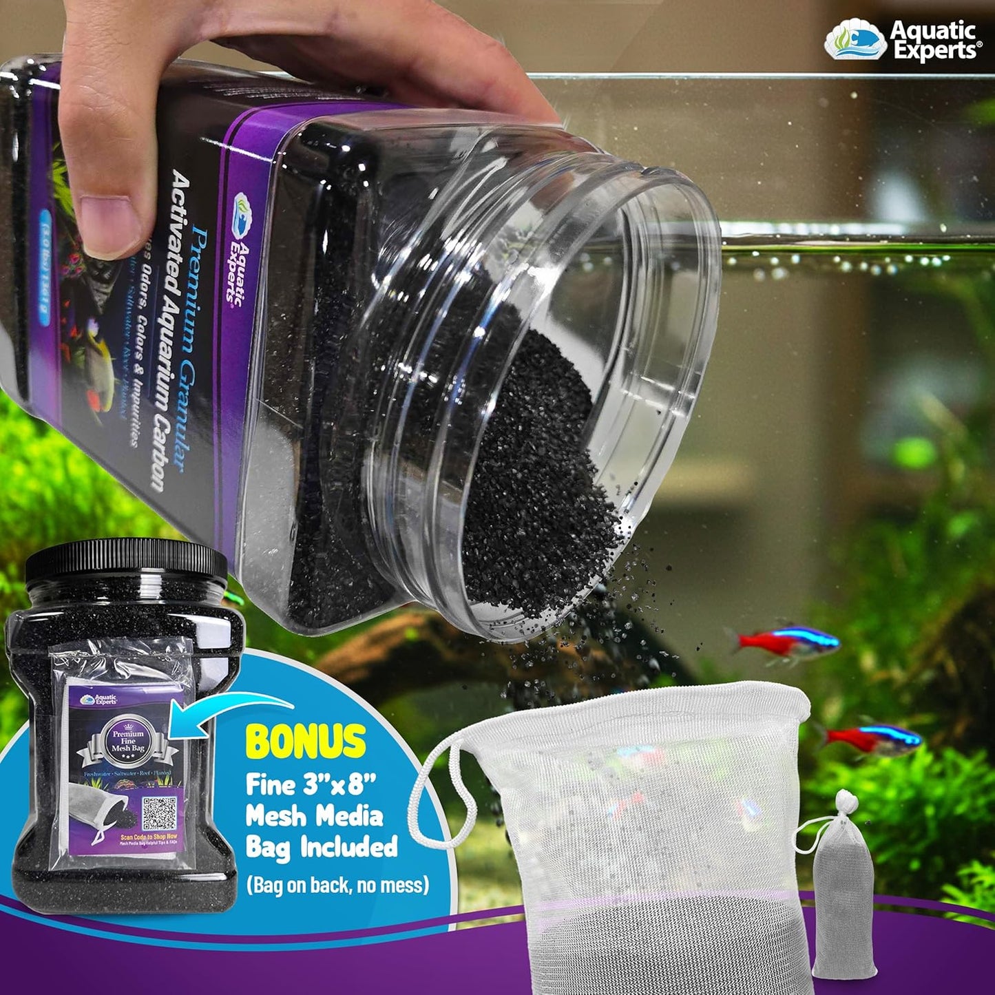 Premium Activated Carbon, Aquarium Carbon for Fish Tank Filter, Aquarium Filter Media, Granulated Charcoal for Fish Tanks, Activated Charcoal Bulk (3 Lbs with Fine Mesh Bag)