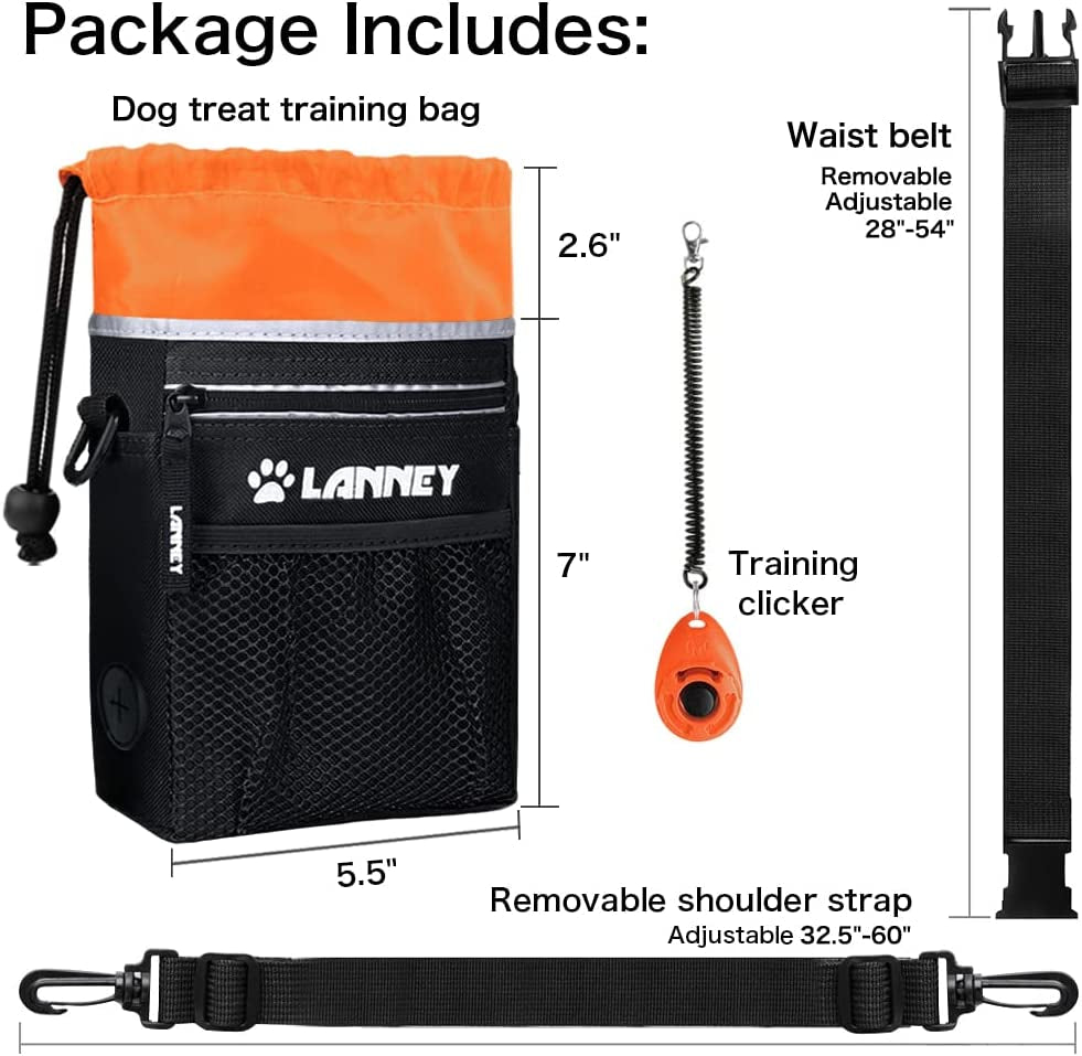 Dog Training Treat Pouch with Metal Clip, Waist Belt, and Shoulder Strap - Versatile Carrying Solution for Kibble, Snacks, Toys, and Poop Bags - Black and Orange