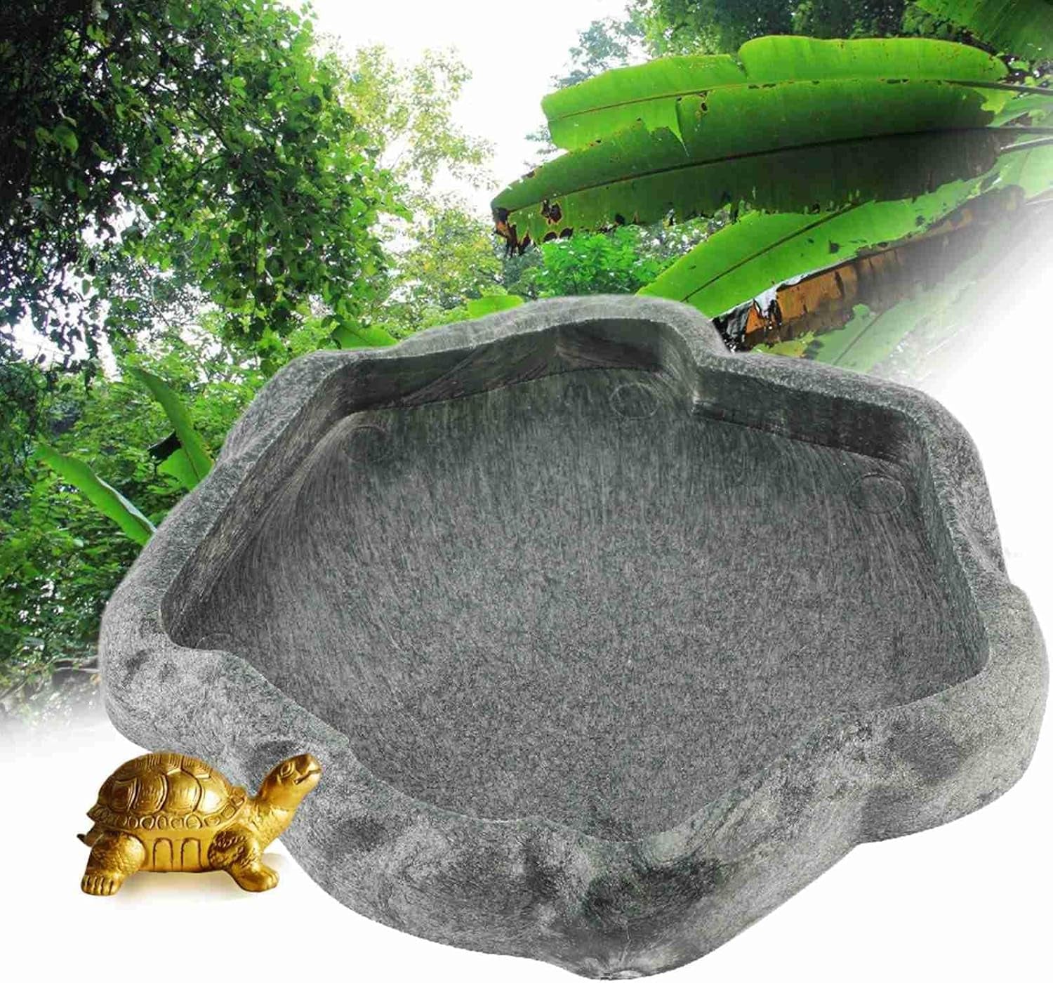 Reptile Bowl, Resin Rock Reptile Food and Water Feeder Pet Aquarium Ornament Terrarium Dish Plate for Tortoise Lizard Iguana(Dark Green S)