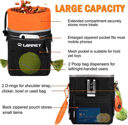 Dog Training Treat Pouch with Metal Clip, Waist Belt, and Shoulder Strap - Versatile Carrying Solution for Kibble, Snacks, Toys, and Poop Bags - Black and Orange