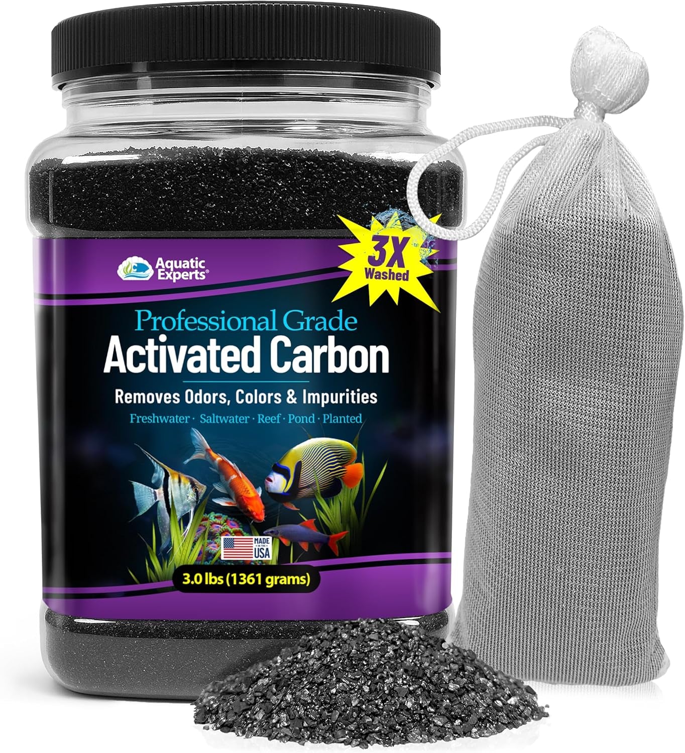Premium Activated Carbon, Aquarium Carbon for Fish Tank Filter, Aquarium Filter Media, Granulated Charcoal for Fish Tanks, Activated Charcoal Bulk (3 Lbs with Fine Mesh Bag)